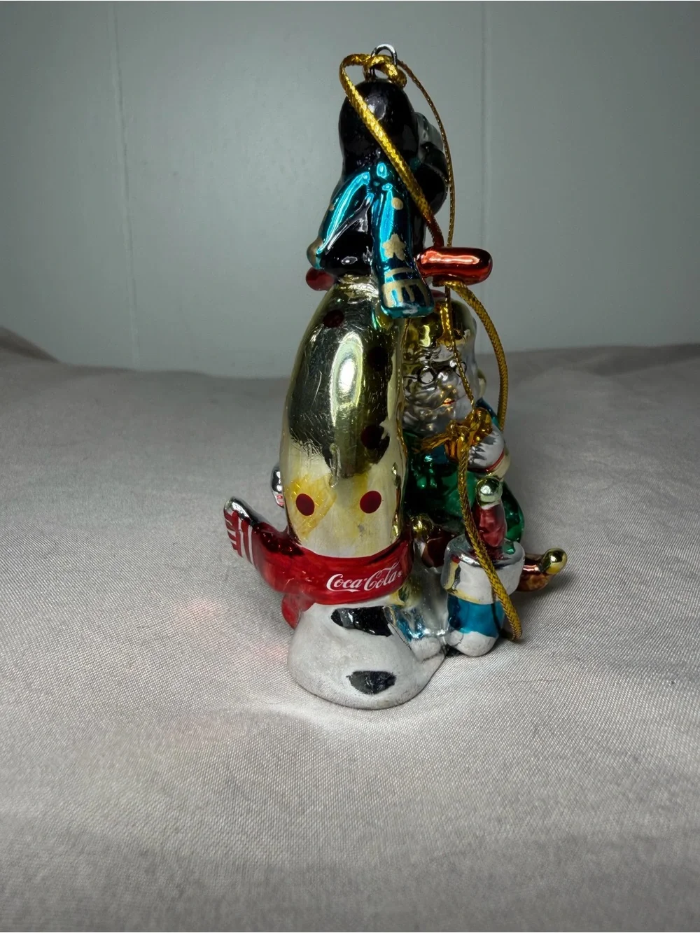 Vintage Coca Cola Christmas Ornament Santa And A Penguin On A Moon Porcelain.
